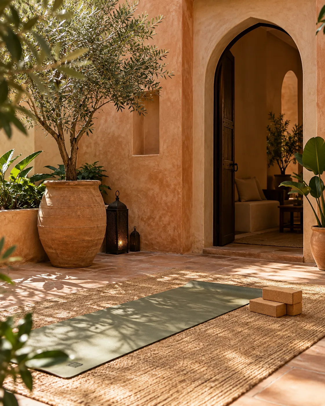 Image d’ambiance d’un espace calme inspiré de Marrakech, avec un tapis de sport.